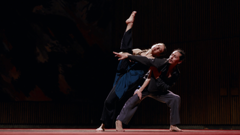 Two dancers perform an intimate duet.